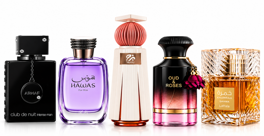 5 Ultra Premium VIP Perfume Combo – Armaf Club De Nuit, Hawas, MARJ, Oud & Roses & Lattafa Khamrah Qahwa