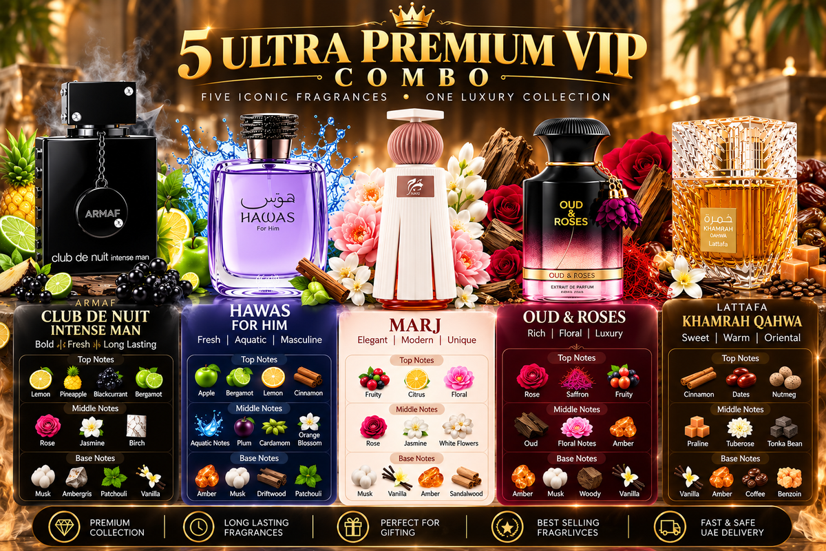5 Ultra Premium VIP Perfume Combo – Armaf Club De Nuit, Hawas, MARJ, Oud & Roses & Lattafa Khamrah Qahwa