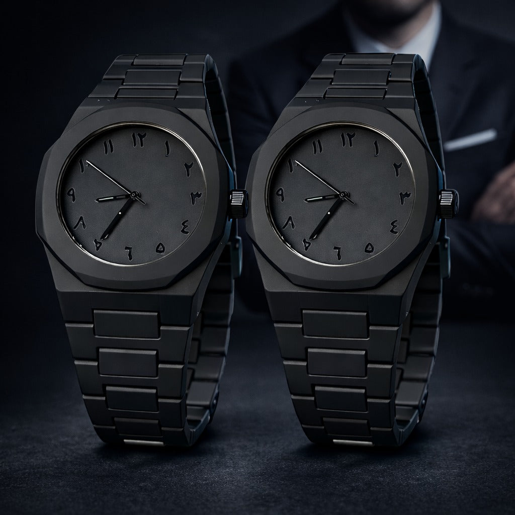 Arabic Aura Watch 2 PCS Combo – Minimalist Black Arabic Dial Luxury Timepiece